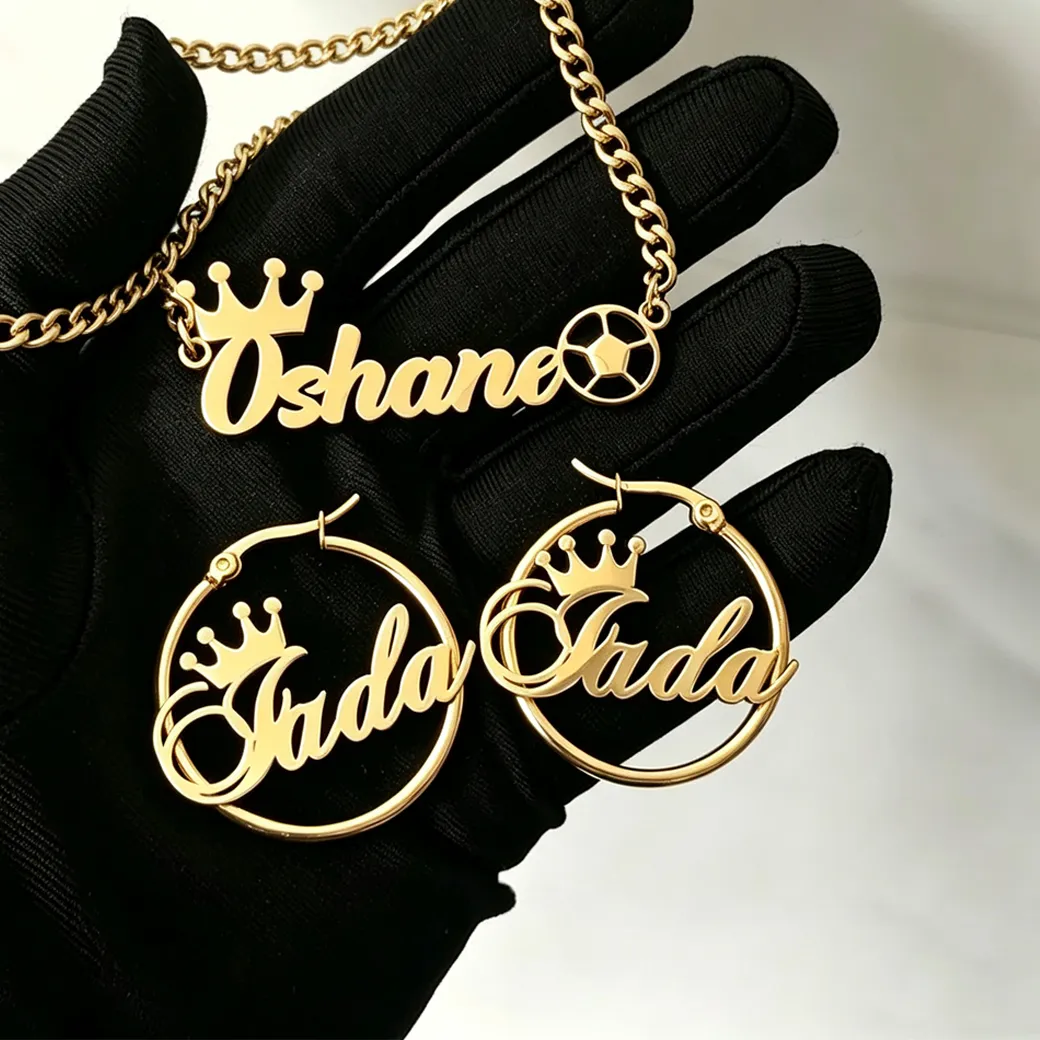 Authentic Personlized Custom Name Necklace Earring Jewelry For Kid Baby Crown Soccer Birthday Christmas
