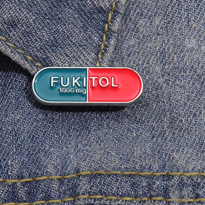 Authentic Funny Sarcasm Fukitol Prescription Pill Brooch Enamel Pin Custom Capsule Pill Brooches Backpack Lapel Badges Jewelry Pins