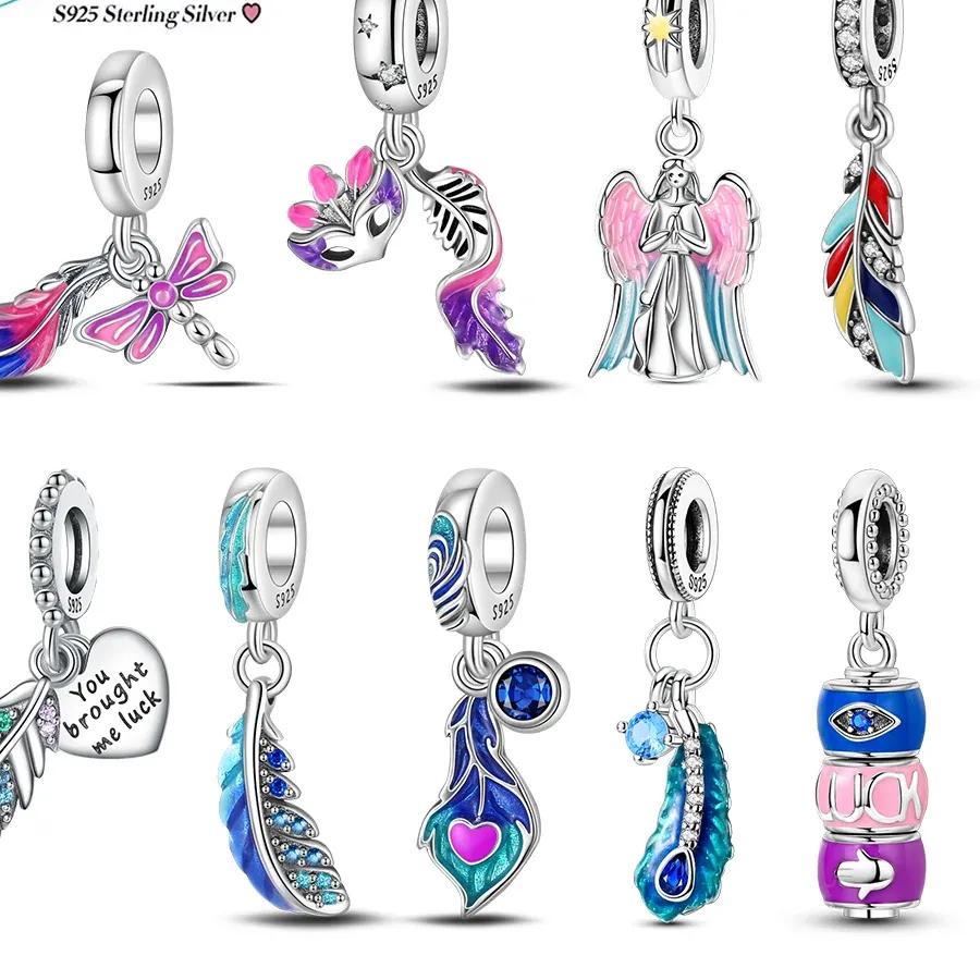 Authentic 925 Silver Colorful Feather Prayer Angel Charms Beads For Original Bracelets Bangle Diy Making Jewelry