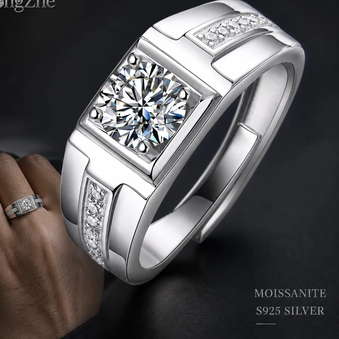 Authentic Longzhe Moissanite Ring Silver 925 Ring 1Ct 6.5Mm Round Cut Cz Side Stone Adjustable Ring Fine Jewelry