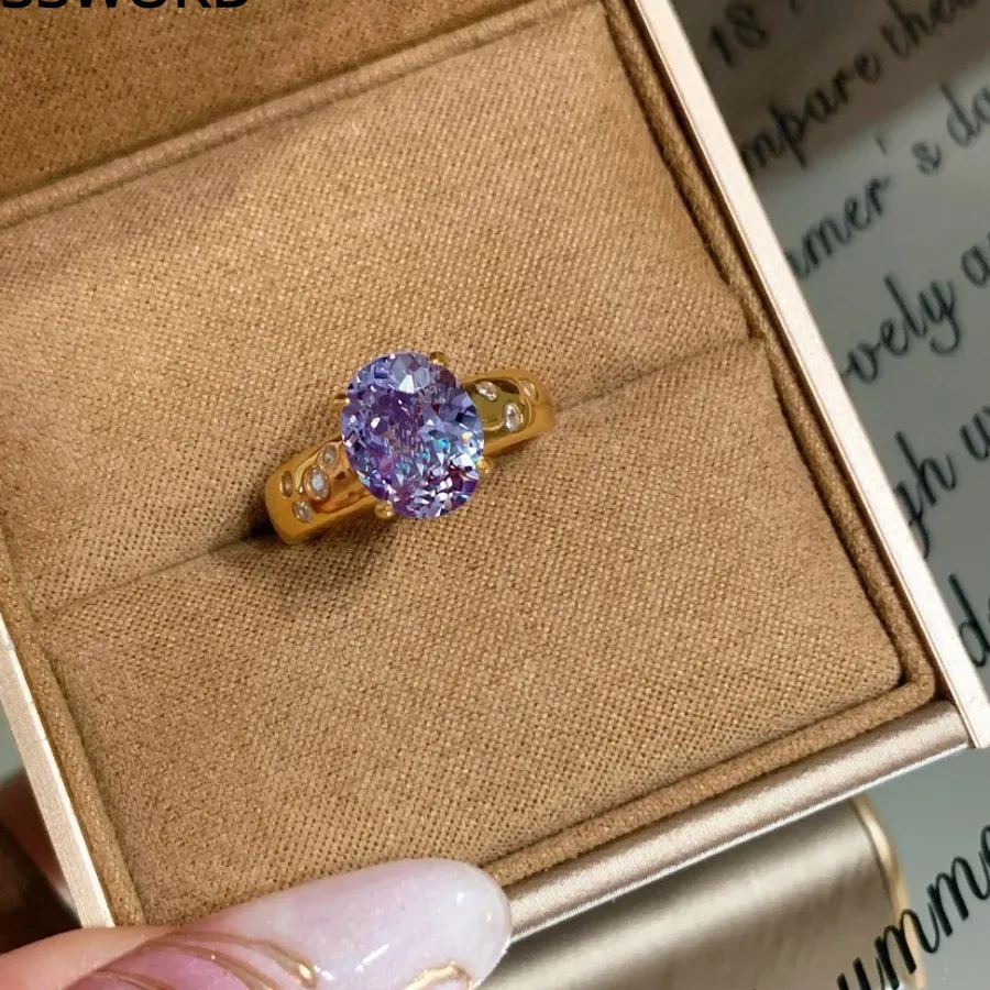 Authentic 925 Sterling Silver Gold Plated Oval Purple Moissanite Ring Thick Band Side Stone Inlaid Ring Jewelry