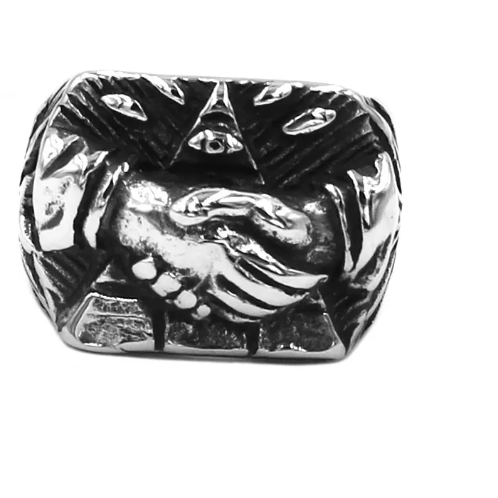 Authentic Illuminati Pyramid Eye Handshake Ring Jewelry All Seeing Eye Masonic Biker Ring Swr0873
