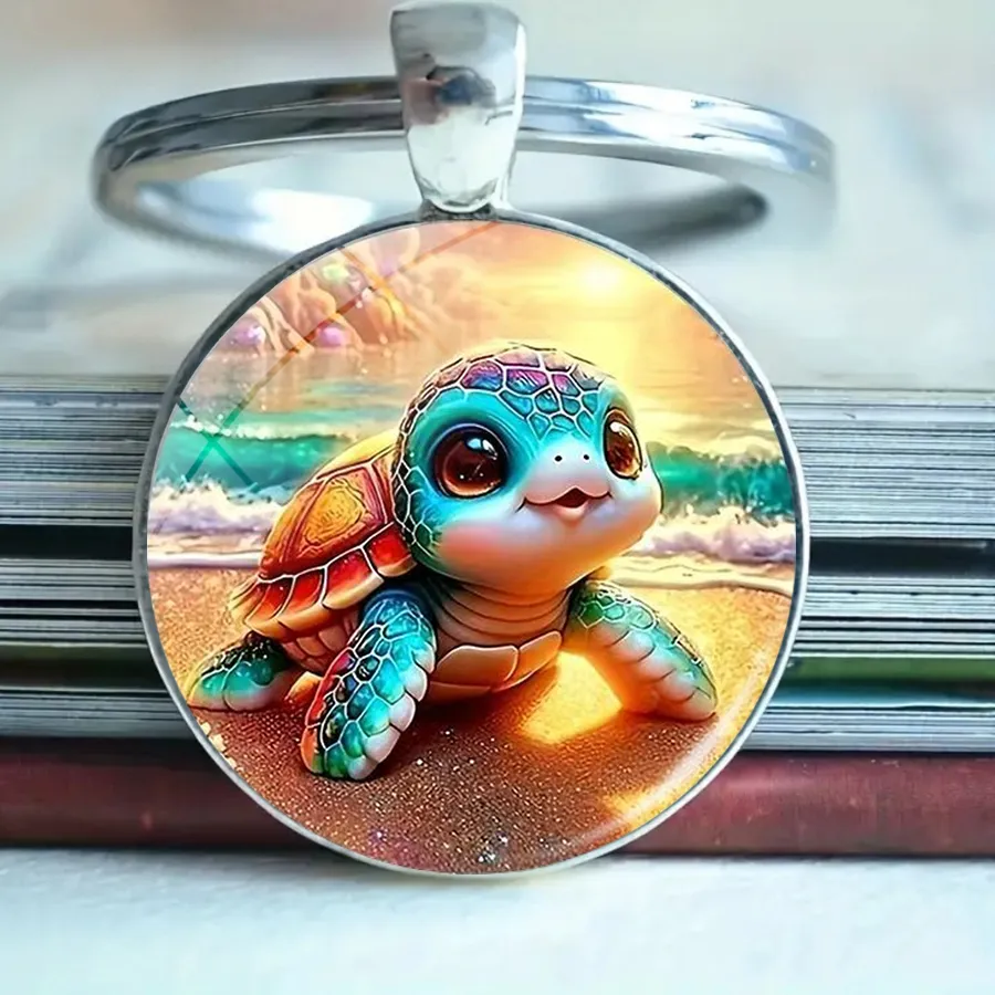 Authentic Tropical Beach Turtle Keychain Marine Animals Round Cabochon Backpack Holiday Travel Souvenir