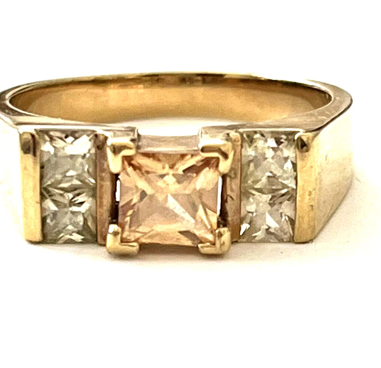 Authentic Signet Ring UK O Gold Plated Square Champagne & Rhinestone