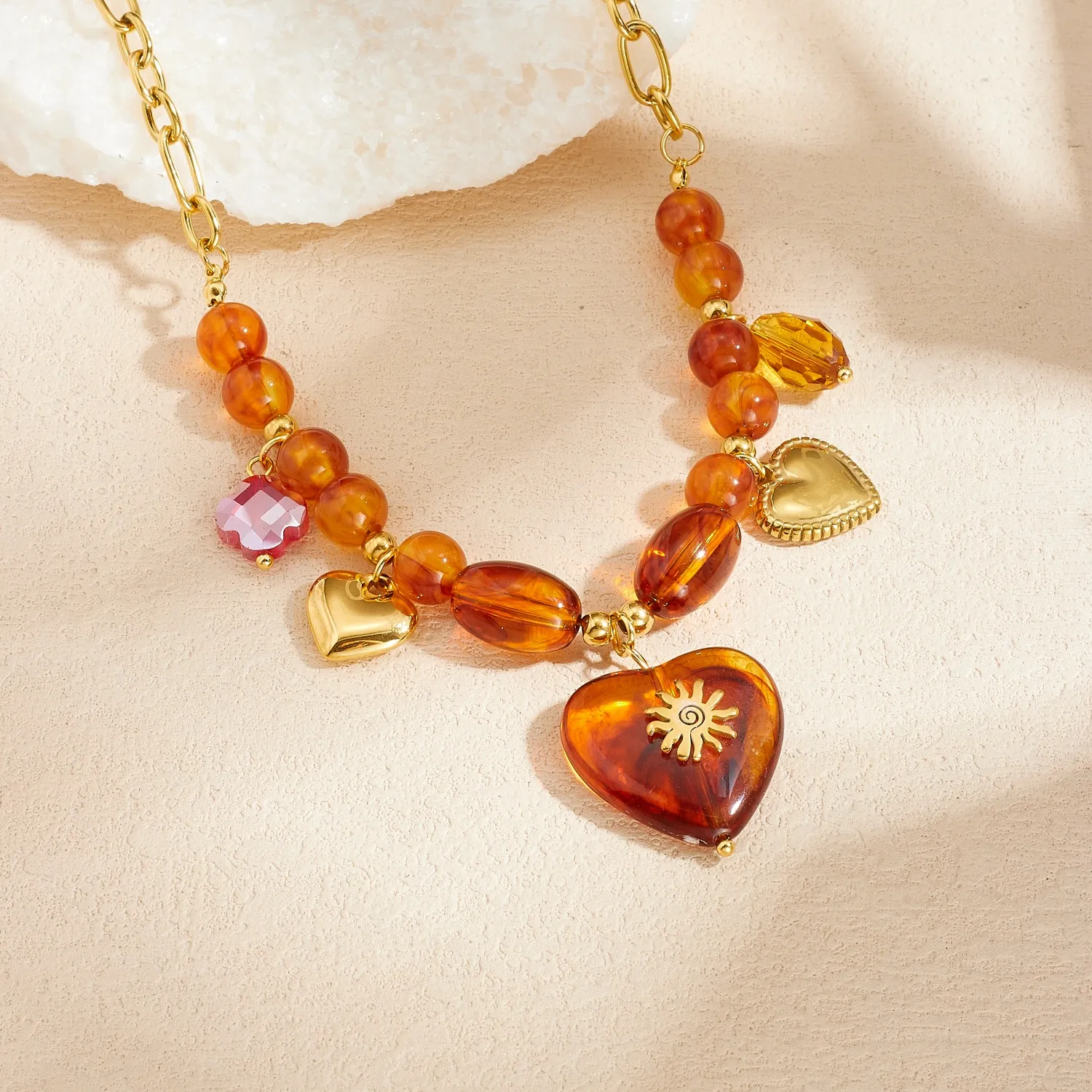 Authentic Solar Heart Pendant Amber Resin Sunfire Talisman Necklace