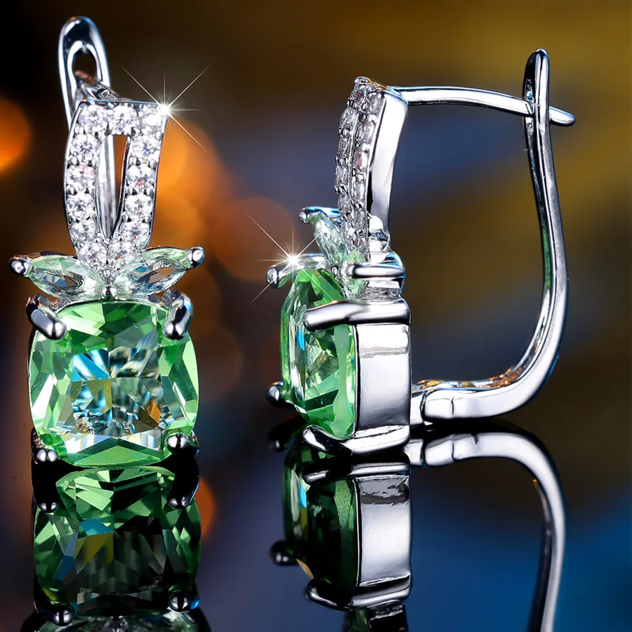 Authentic Female Apple Green Zircon Stone Square Hoop Earrings Silver Color Jewelry