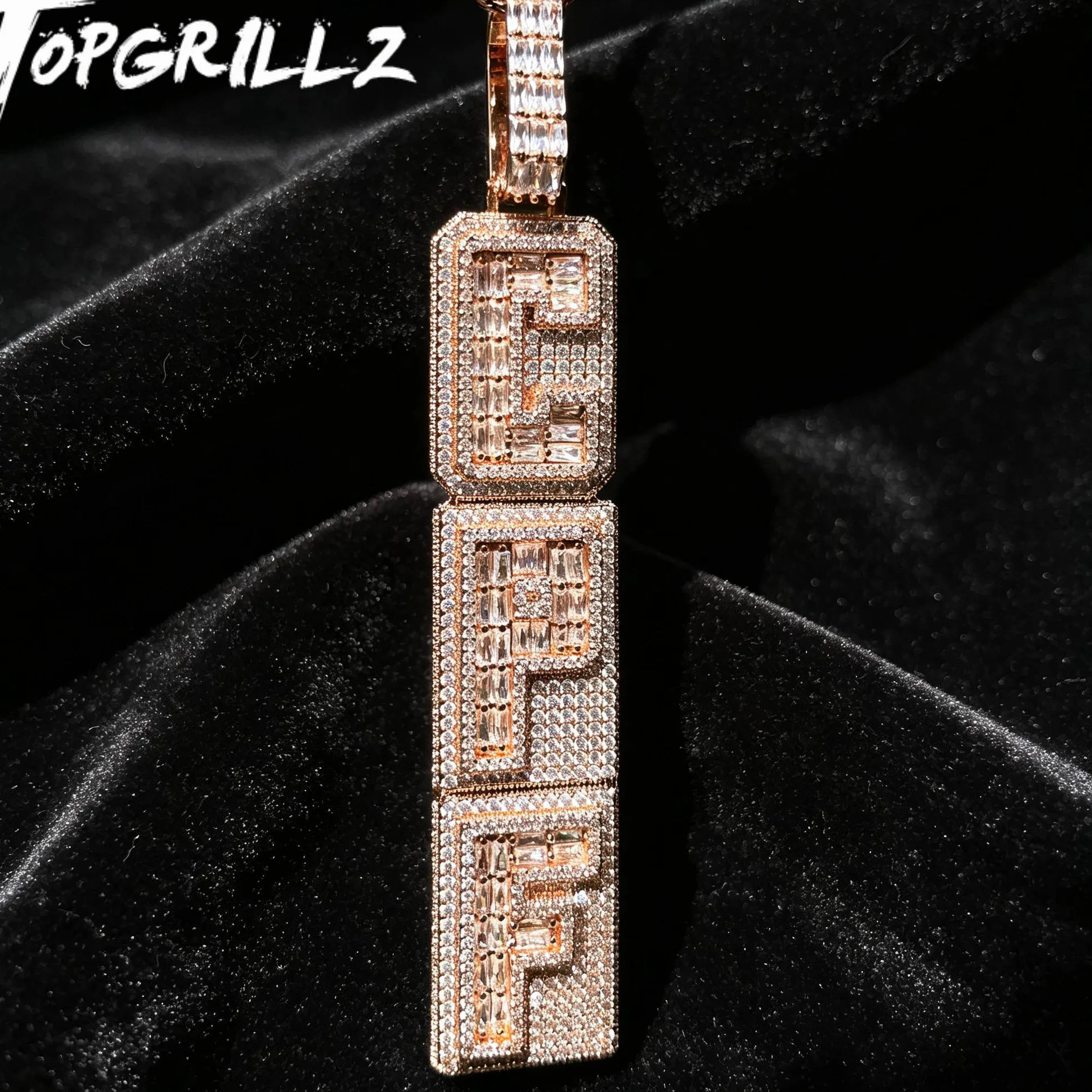 Authentic Topgrillz Custom Name Vertical Letter Pendant Baguette Cz Iced Out Hip Hop Necklace Jewelry