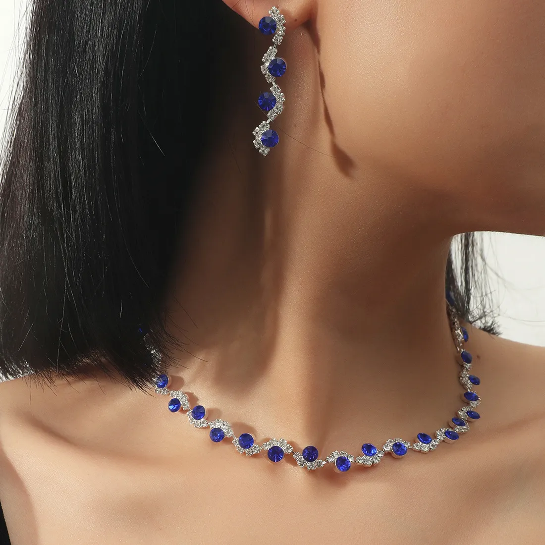 Authentic Blijery Elegant Royal Blue Crystal Rhinestone Choker Necklace Earrings Jewelry Accessories