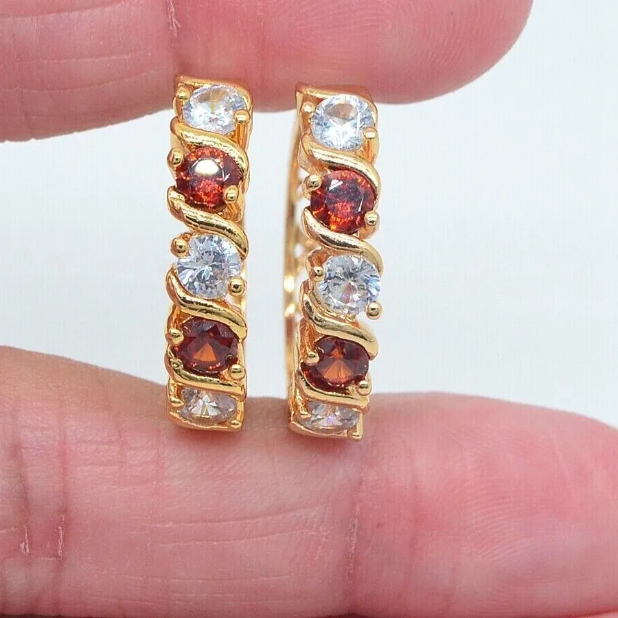 Authentic 2Ct Round Cut Lab-Created Red Garnet Hoop Earrings 14K Yellow Gold Plated Silver