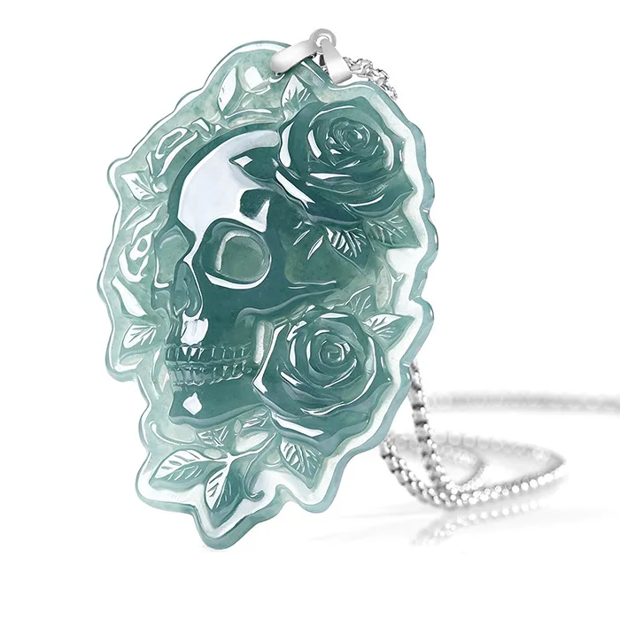 Authentic Memento Mori Burmese Jadeite Skull Pendant In 925 Silver