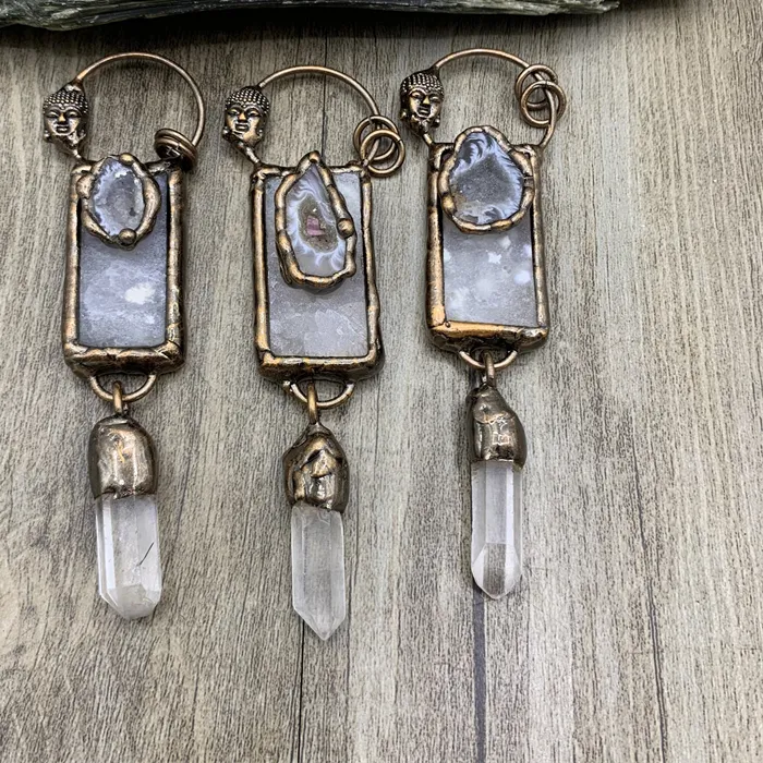 Authentic 5Pcs Soldered Bronze Large Agates Geode Stone Pendant, Clear Quartz Ponit Boho Necklace Jewelry My211004