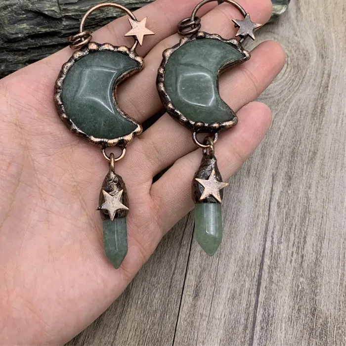 Authentic 5Pcs Boho Large Soldered Green Aventurine Crystal Pendant, Bohemia Jewelry Sun Moon Stars Necklace Accessories My211022