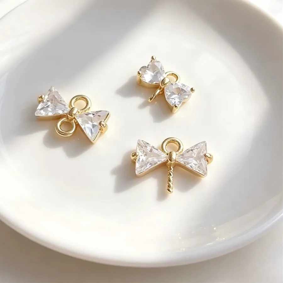 Zircon Bowknot Pendant 14K Gold Plated Double Hole Half Pearl Eye Pin Jewelry Hardware C079