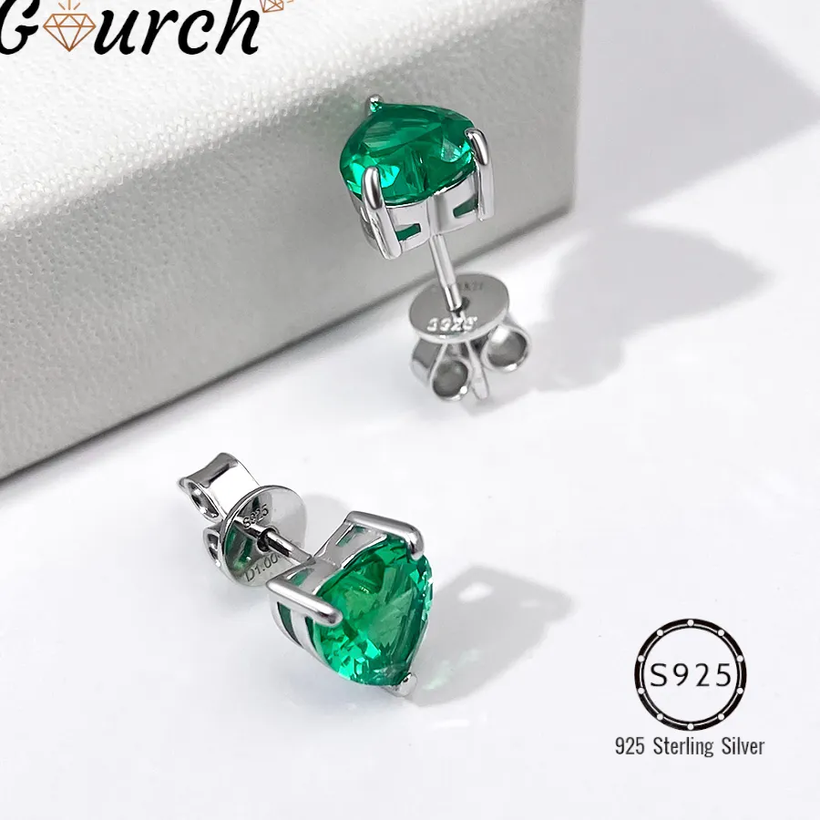 Authentic Gourch 6.5Mm 1Ct Heart Cut Colombian Emerald Earrings Lab Grown 925 Sterling Silver Fine Jewelry Anniversary