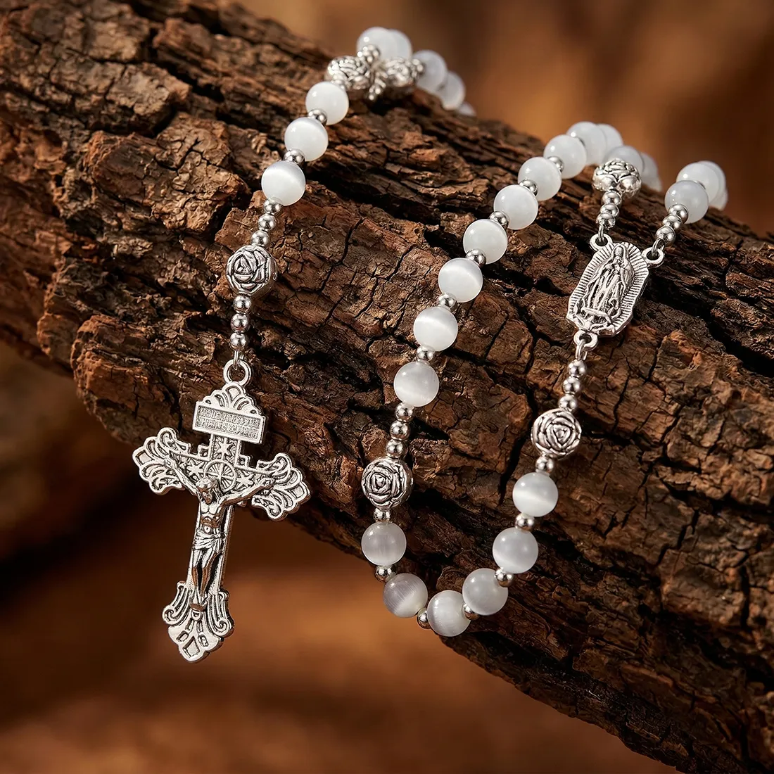 Authentic Moonlit Guardian Rosary White Cat Eye Stone With Sacred Cross Pendant