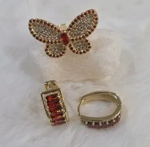 Authentic 14k Gold Plated Butterfly Earrings Red Baguette Crystal Pavé Hinged Hoop/Stud