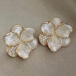 Authentic Gold-Plated Gold-Tone White Flower Crystal Pavé Stud Earrings, Butterfly
