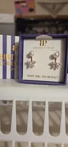 Authentic BP Rose Gold Plated Stud Earrings, White Round Pearl, Crystal Prong, Butterfly