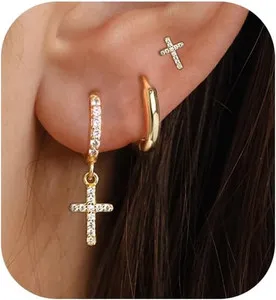 Authentic Gold Earrings for Women, 14K Gold Plated Cute Cross Butterfly Star Earring Stack