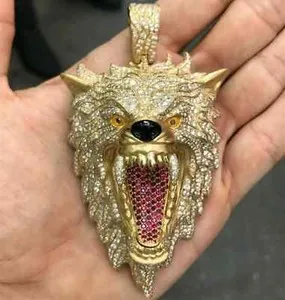Authentic Real Moissanite 3Ct Round Wolf Face Shape Cluster 14K Yellow Gold Plated Silver