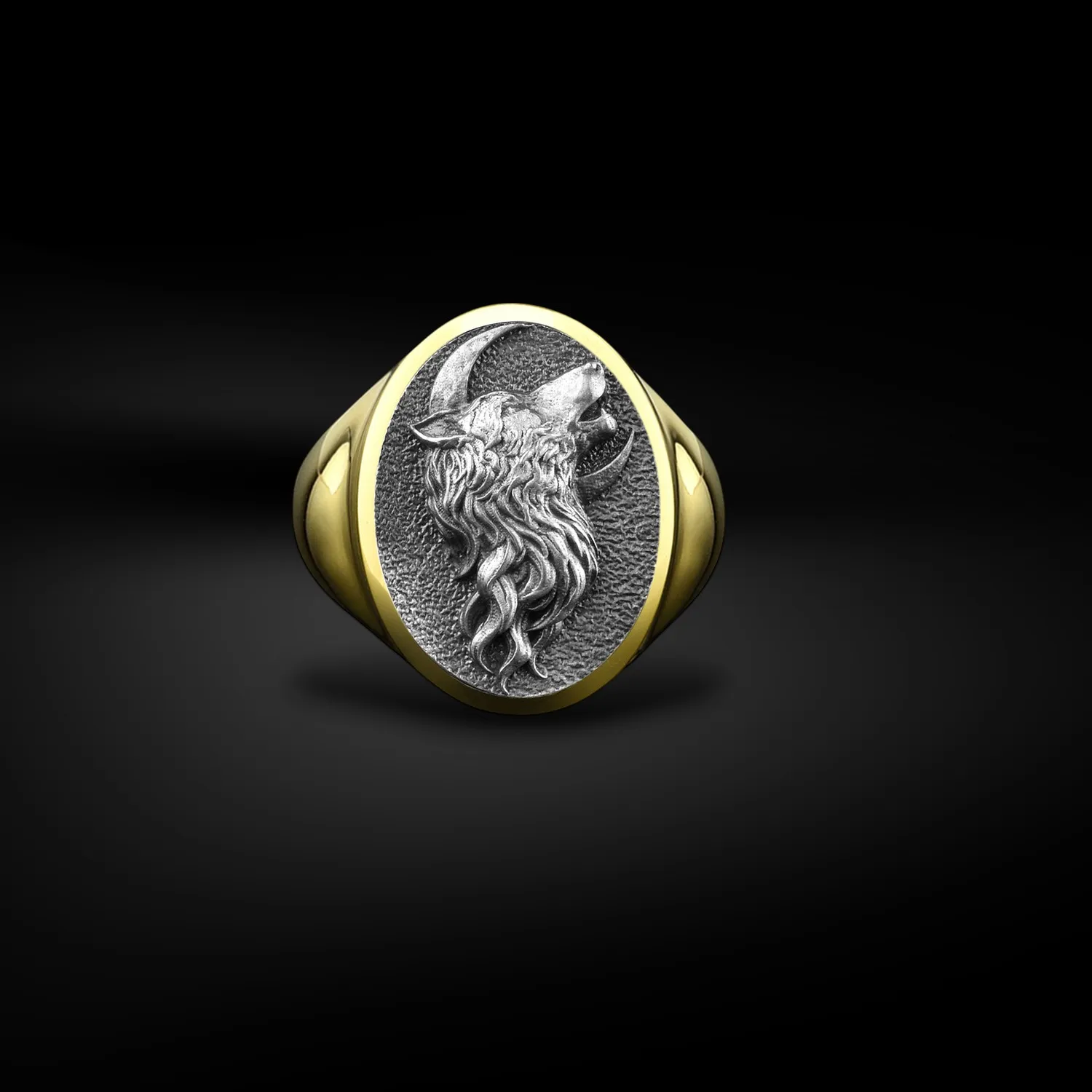 Authentic Howling Wolf in Wild with Cresent Engraving Oval Signet Men Ring, Polished