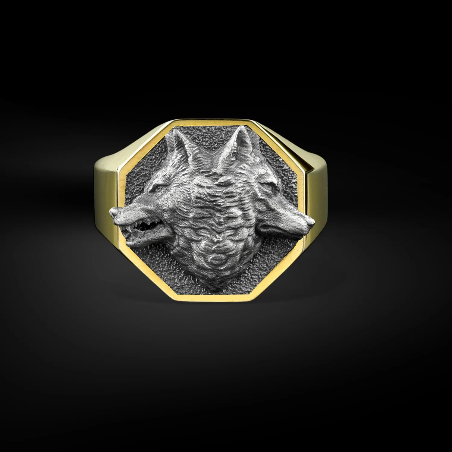 Authentic The Alpha Pact: Sterling Silver Twin Wolf Head Mystic Signet