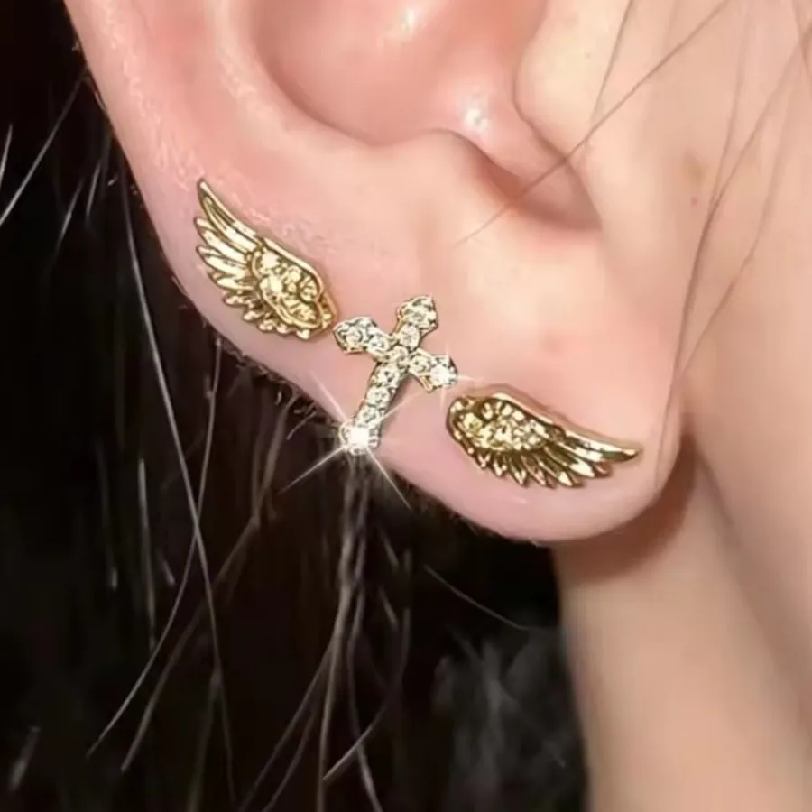 Authentic 3Pcs Angel Wing Cross Zircon Ear Studs Sweet Cool Punk Piercing Earring Couple Gothic Jewelry Accessories