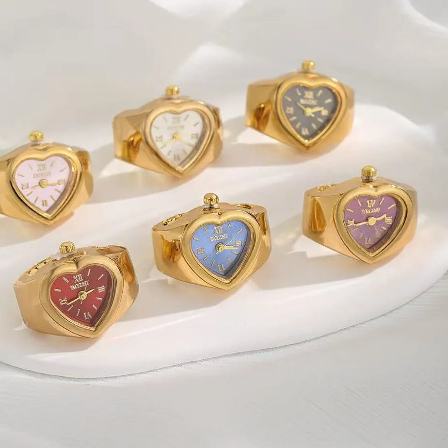 Authentic Heart Shape Dial Watch Rings Quartz Movement Roman Numerals Pointer Mini Battery Clock Jewelry
