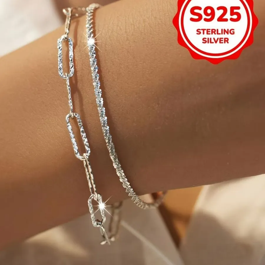 Authentic 925 Sterling Silver Adjustable Bracelet 2 Paperclip Chain Fine Design Bracelet Match Daily Jewelry
