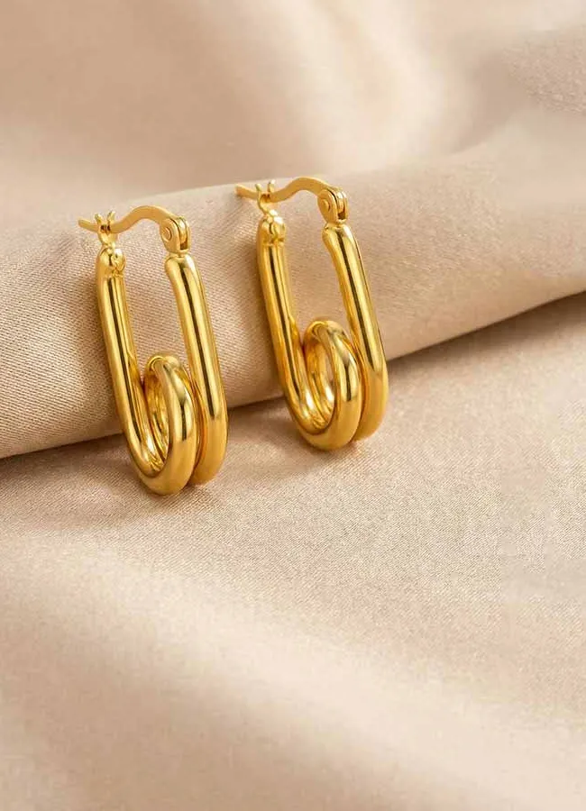 Authentic Double Row Paperclip Hoop Earrings, 18K Gold Plated, Chunky Oval Geometric Jewelry
