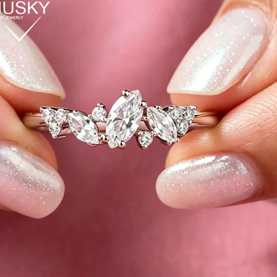 Authentic 0.58Cttw Marquise Cut Moissanite Rings D Color Vvs Lab Diamond 925 Sterling Silver Half Eternity Weeding Band Jewelry