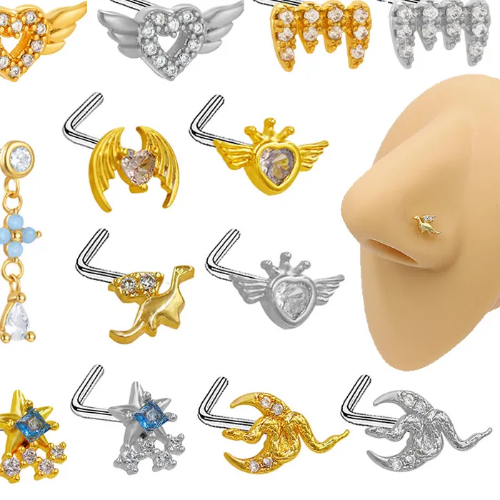 Authentic Surgical Nose Rings 0.8 7Mm Butterfly L Bend Stud Nose Piercing Jewelry Angel Wig Heart Body Jewelry