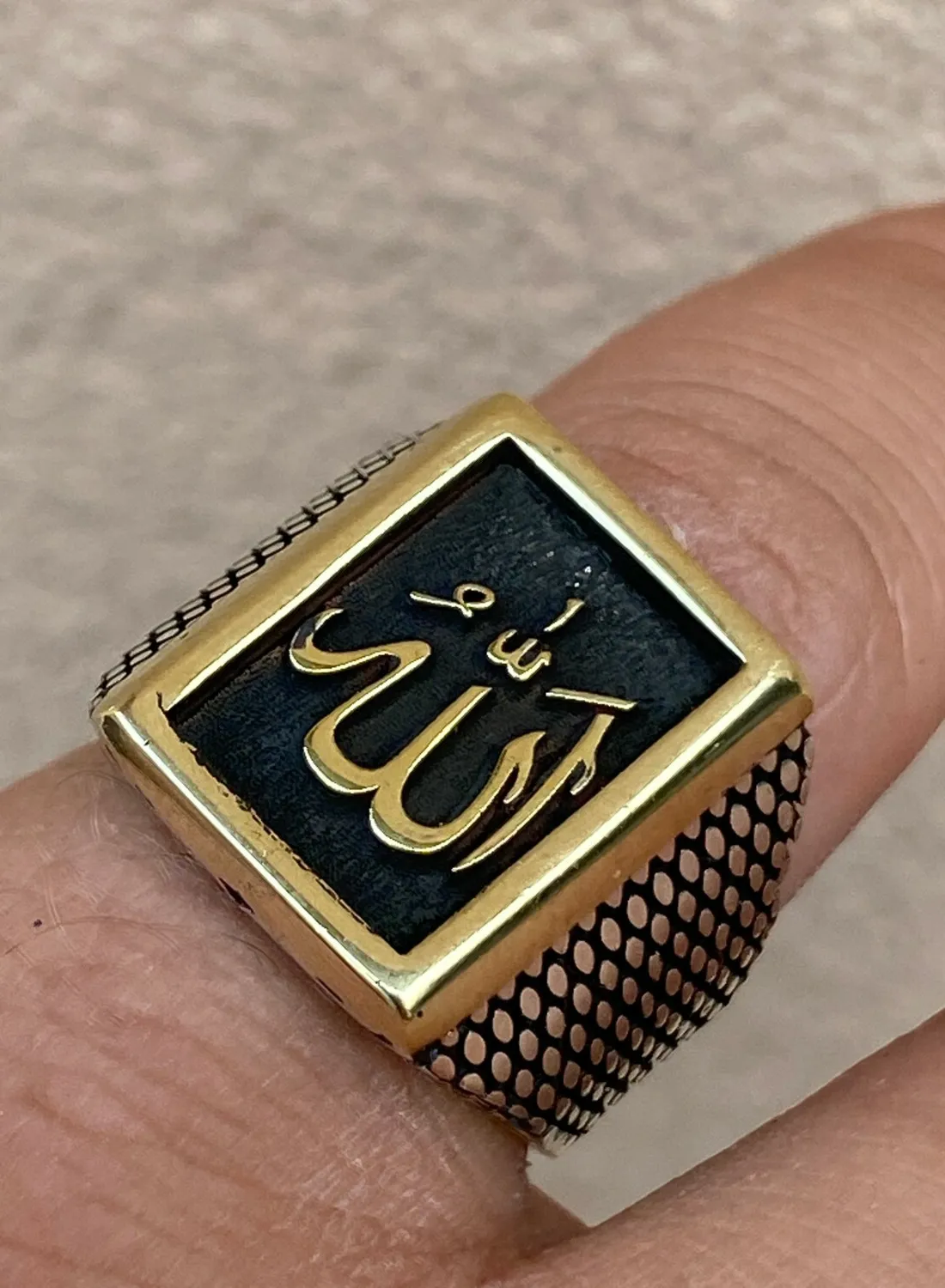 Authentic Mens 14k Gold Plated Solid 925 Sterling Silver Islamic Allah Muslim Arabic Ring