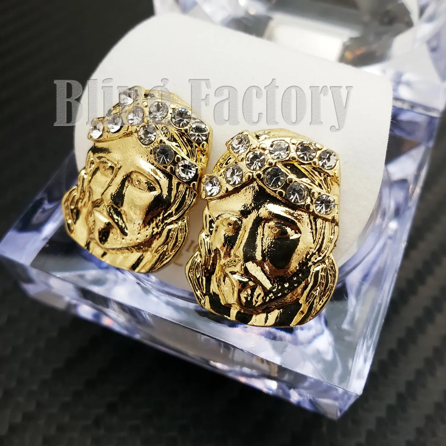 Authentic ICED HIP HOP CUBIC ZIRCONIA GOLD PLATED BLING JESUS HEAD STUD EARRING EARRINGS
