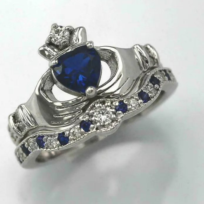 Authentic Eternal Love Claddagh Bridal Set - 3ct Heart Sapphire Talisman in 14k White Gold Plated Radiance