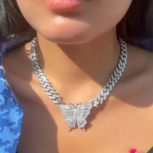 Authentic Lab Created Diamond 14K White Gold Plated Cuban Link 12 MM Butterfly Necklace