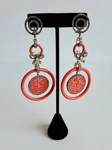 Authentic Angelique de Paris Gold Plated Orange Circle Butterfly Drop Earrings