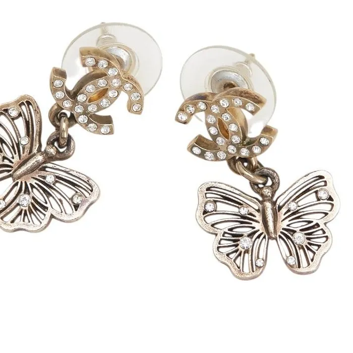 Authentic Chanel Coco Mark Butterfly Swing Stud Earrings Gold Plated Rhinestone Used