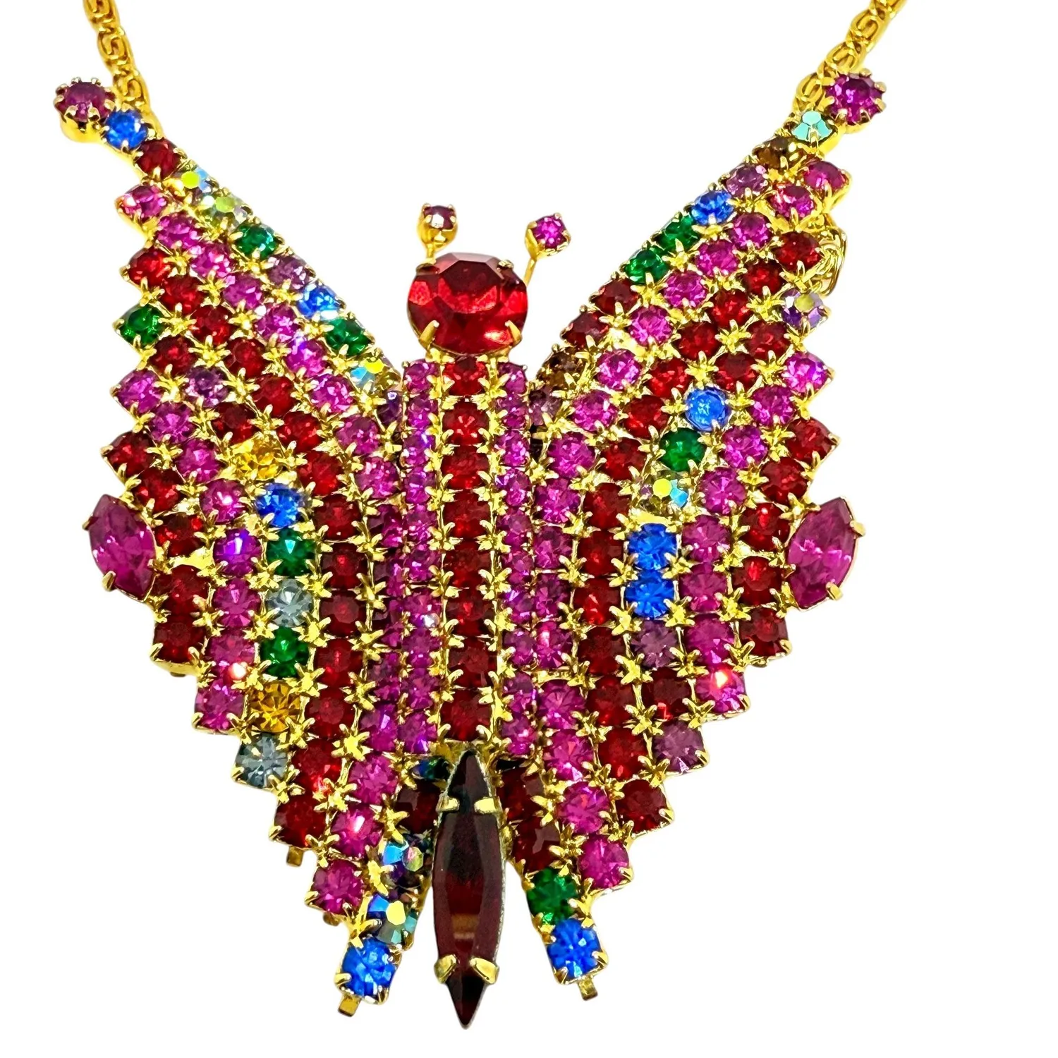 Authentic Vintage gold plated bright glass stones butterfly necklace