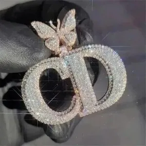 Authentic 2 Ct Real Moissanite Own Letter Butterfly Pendant 14K Rose Gold Plated Silver