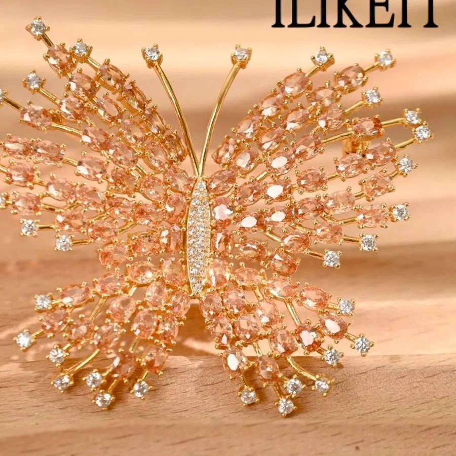 Authentic Luxury 925 Silver Gold Plated Butterfly Brooch with Champagne CZ