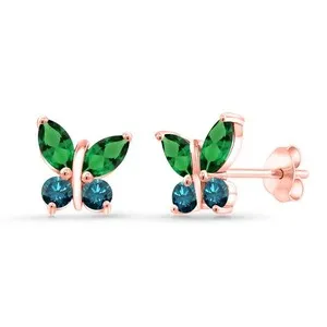 Authentic 18K Rose Gold Plated Silver Marquise Nano Emerald and Blue Diamond Butterfly
