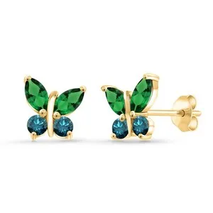 Authentic 18K Yellow Gold Plated Silver Marquise Nano Emerald and Blue Diamond Butterfly