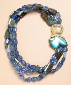 Authentic Alexis Bittar Lucite Butterfly Wing Necklace Gold Plated Crystals Azure Blue