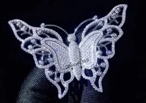 Authentic Men's Real Moissanite Gorgeous Butterfly Brooch Pin in White Gold Plated Silver