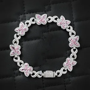 Authentic 4.1Ct Marquise Lab-Created Pink Sapphire Butterfly Bracelet 14KWhite Gold Plated