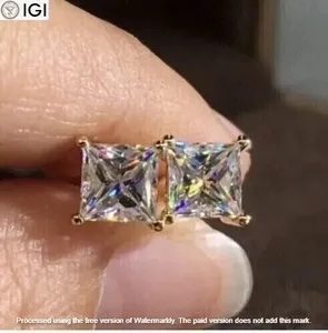 Authentic 2.50Ct Princess Lab Grown Diamond Stud Butterfly Earrings 14k Solid Yellow Gold