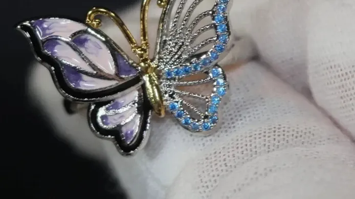 Authentic Aquamarine With Enamel Pretty Butterfly In 935 Silver & Gold Plated Woman Ring