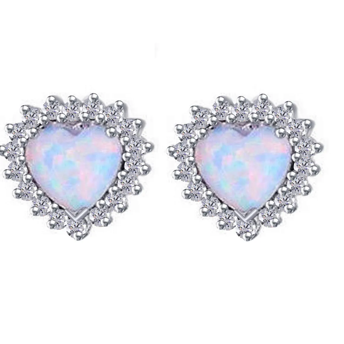 Authentic 1/2ct Opal & Diamond Butterfly Heart Stud Earrings 14K White Gold Plated Silver