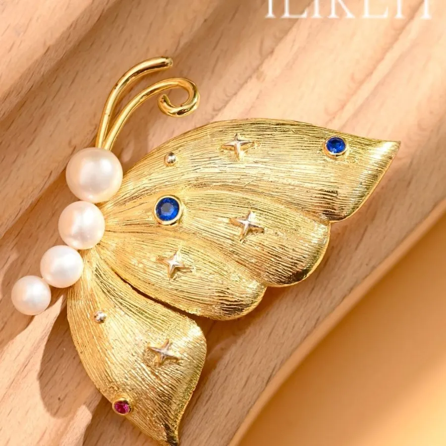 Authentic Luxury 925 Silver Gold Plated Starry Butterfly Brooch with Pearl & CZ
